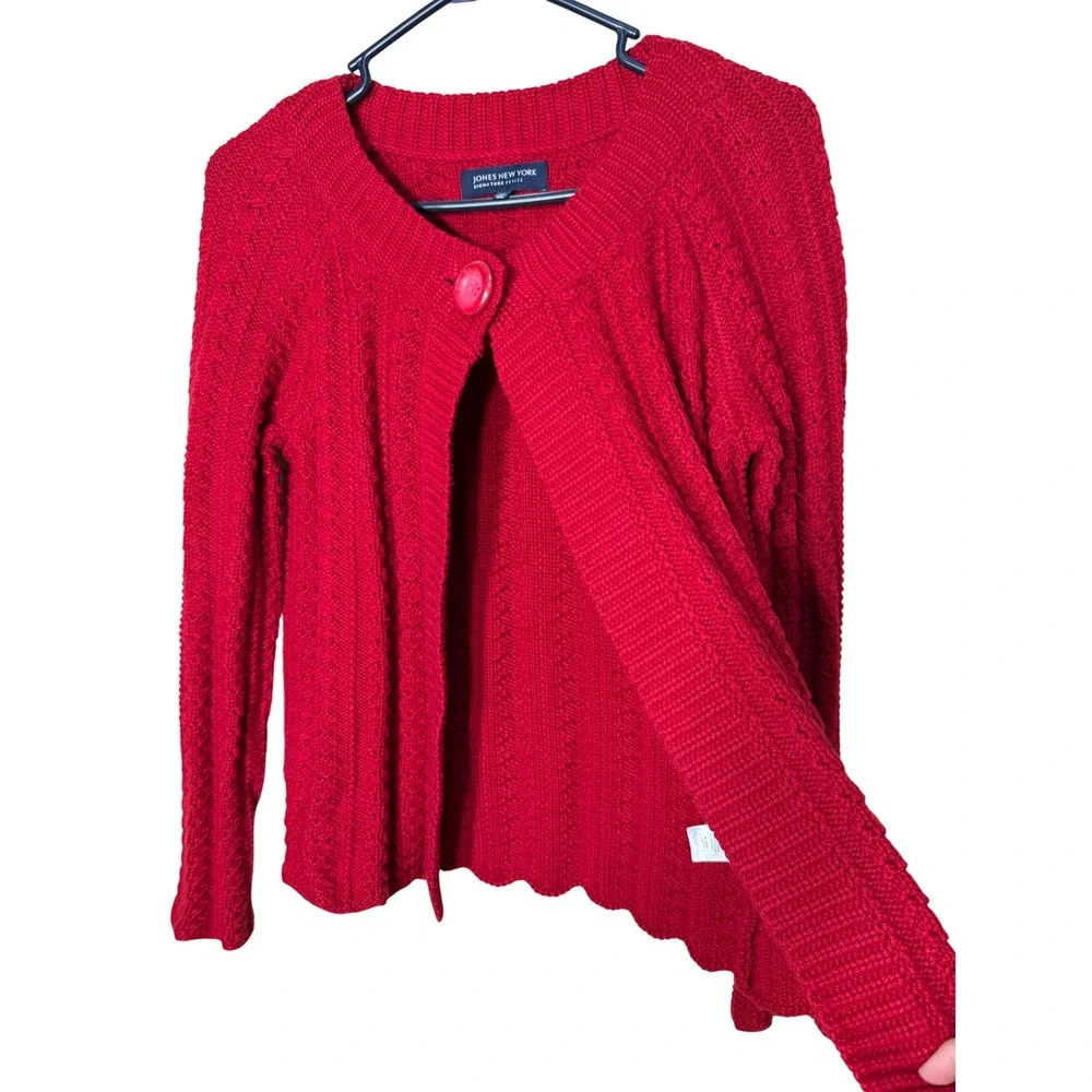 Jones New York Signature Petite Red Cable Knit Single Button Cardigan Sweater PP